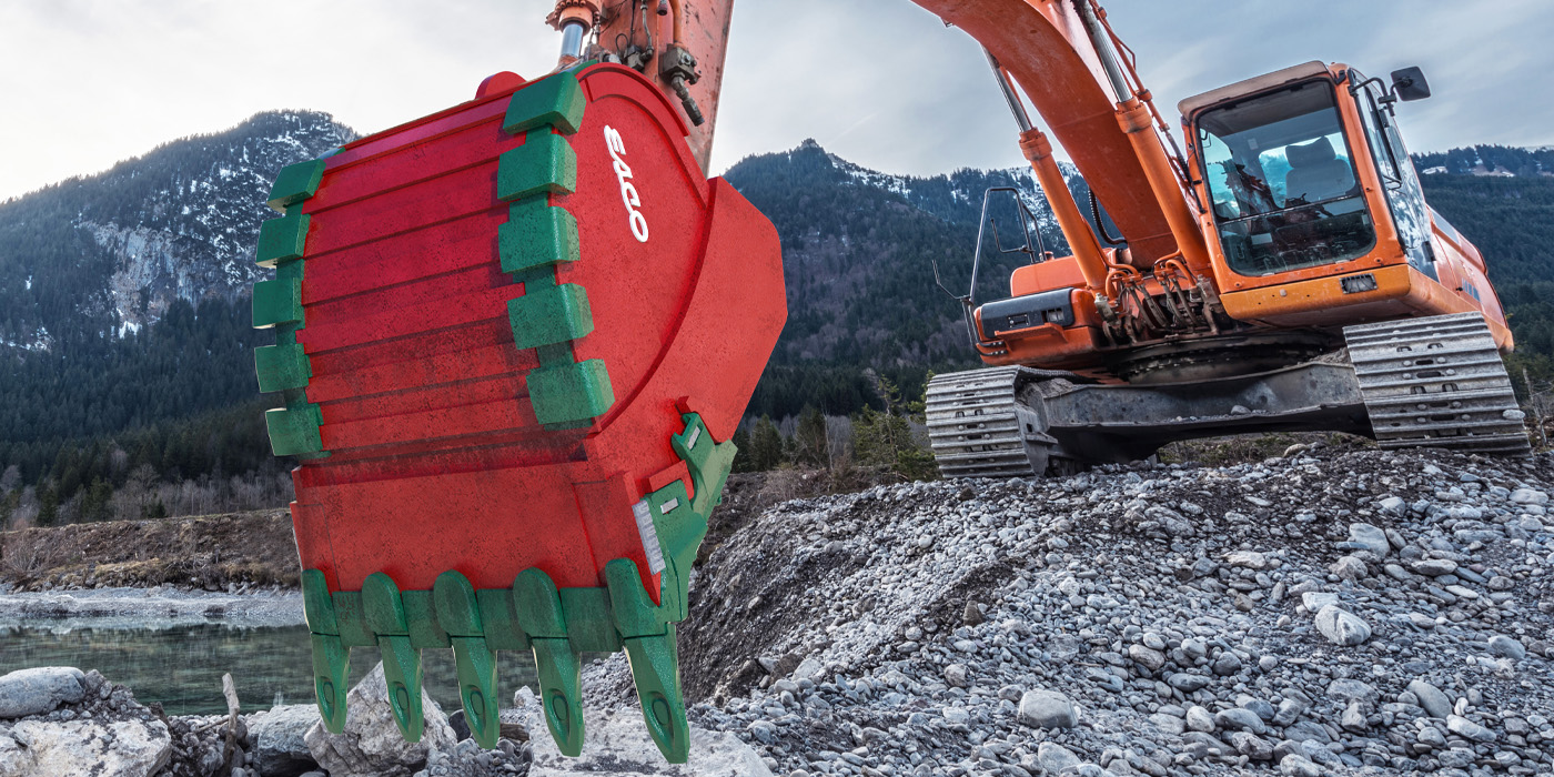 Digger showing an ESCO Bucket with wear protection.