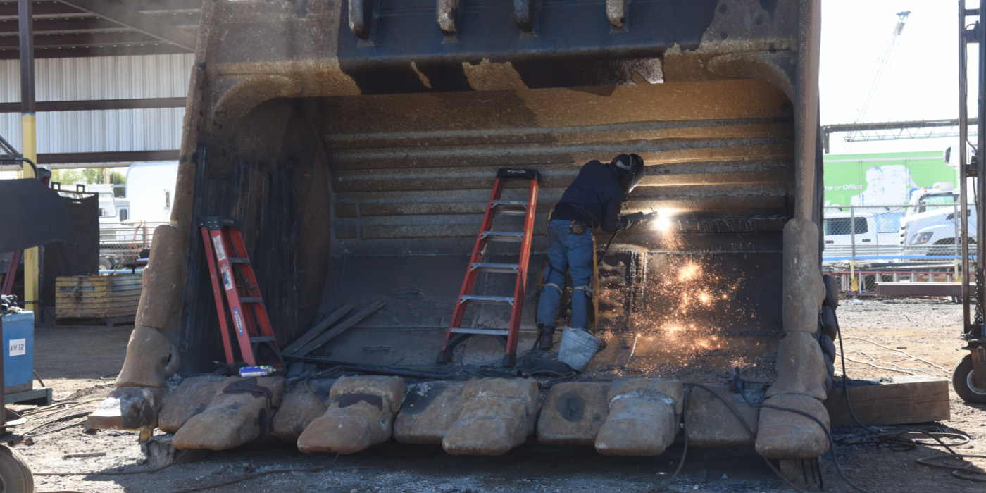 Man with ladder and cutting gear using protective clothing